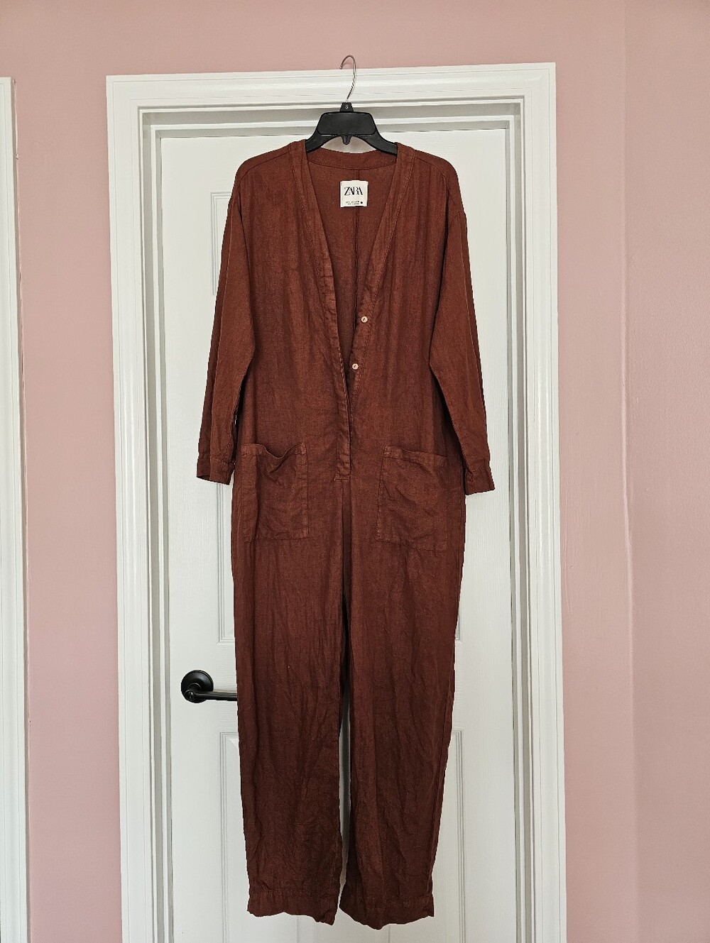 Zara Rust-Colored Long-Sleeve Linen Jumpsuit